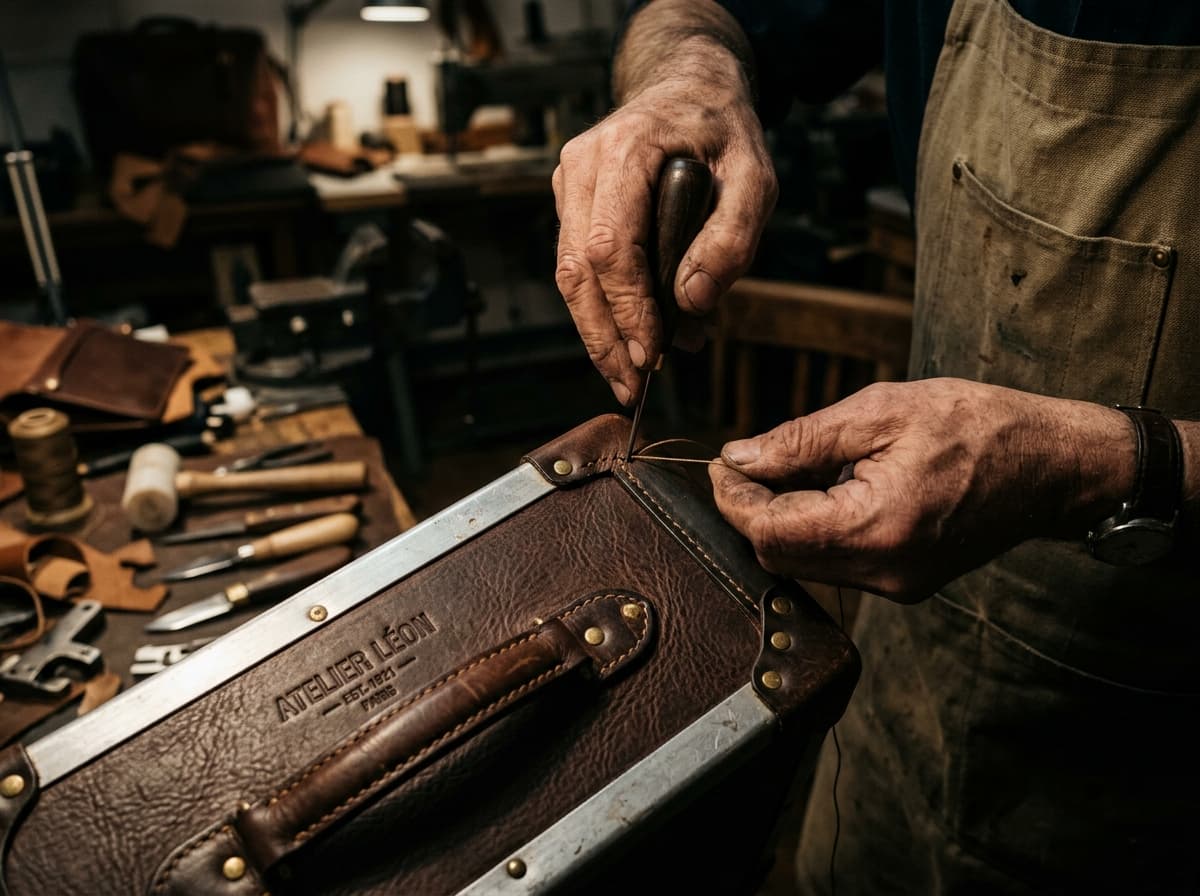 OVIA leather craftsmanship detail with precision stitching and refined brass hardware